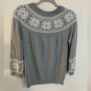 Talbots Med. Snowflake Gray Winter Christmas Sweater Nylon Lambswool 3/4 Sleeve